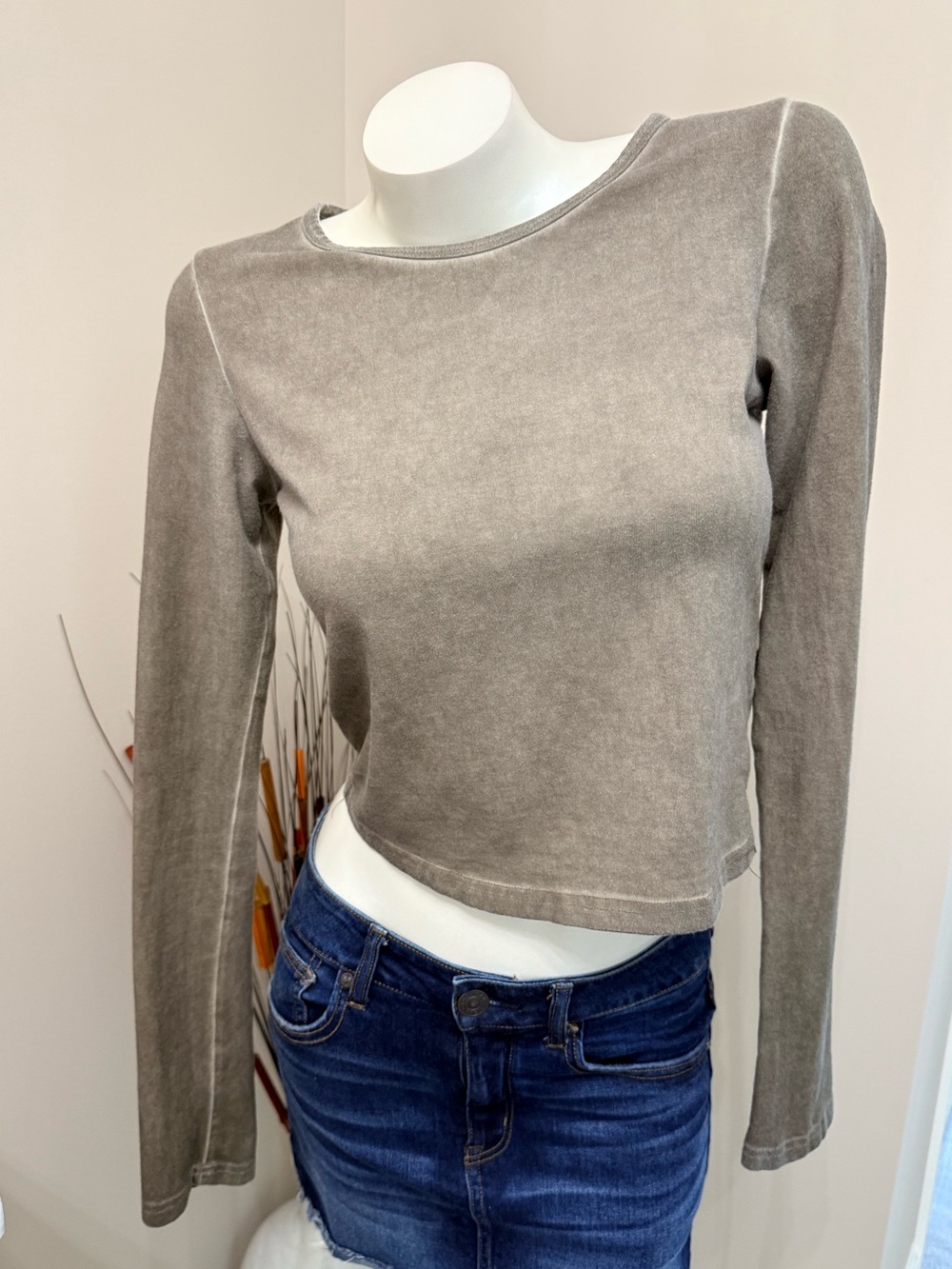 BKE Core Crop top Long Sleeve special fabric Wash Olive Green/Taupe So Soft Sz M